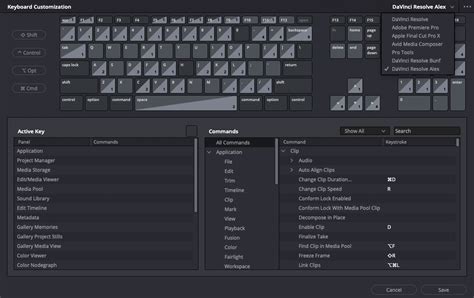 DaVinci Resolve Keyboard Customization menu