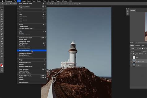 Photoshop interface showing the Sky Replacement tool with a selection of sky presets.