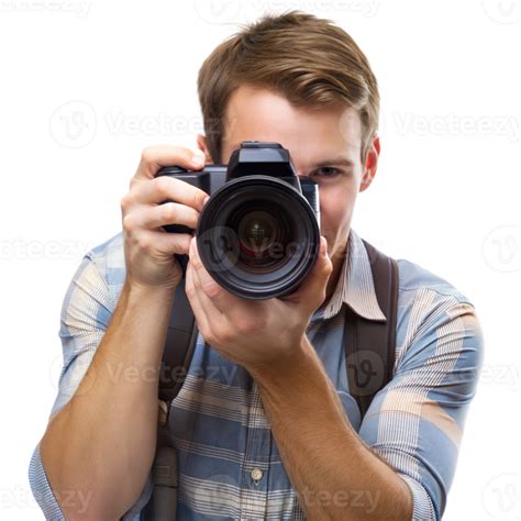 Photographer holding a camera with a watermark overlay