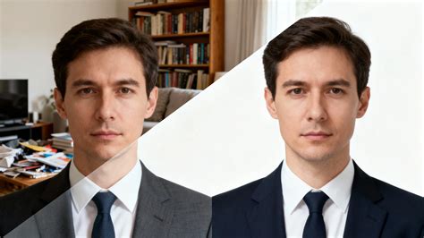 Before and after image showing a person with a cluttered background and then the same person with a solid color background