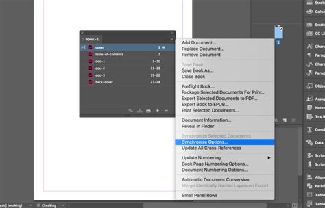 InDesign Book panel with synchronize button highlighted