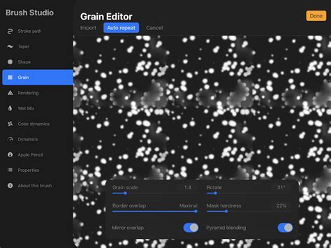 Procreate Grain Editor showing Auto Repeat settings and an example of a seamless texture