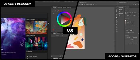Screenshot comparing Adobe Illustrator and Affinity Designer interfaces side-by-side