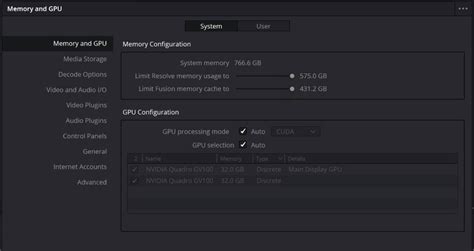 DaVinci Resolve Memory and GPU Preferences