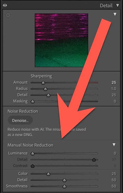 Screenshot of Lightroom's Detail panel showing noise reduction sliders