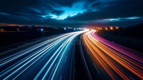A vibrant cityscape at night with streaks of car lights.