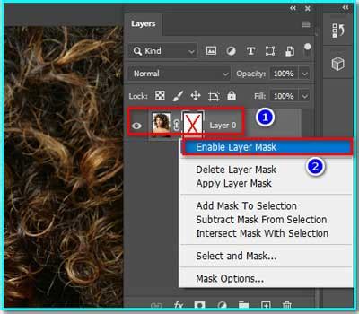 Photoshop interface with Layers panel and a layer mask thumbnail highlighted