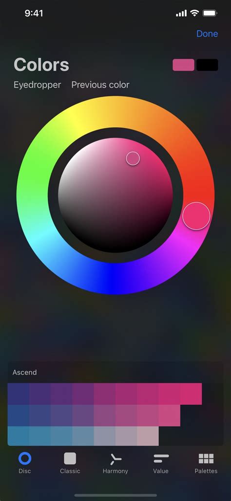 Procreate Pocket Color Panel interface showing Disc, Classic, Harmony, and Value tabs