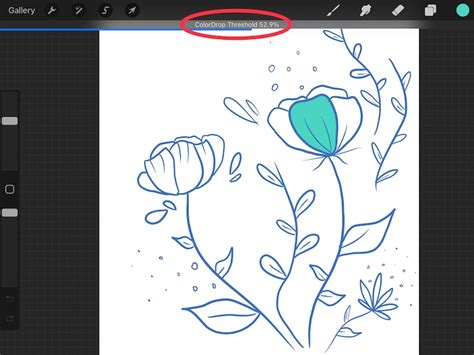 Procreate Pocket ColorDrop feature with threshold slider visible