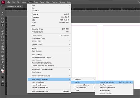 InDesign text frame with page number marker being styled