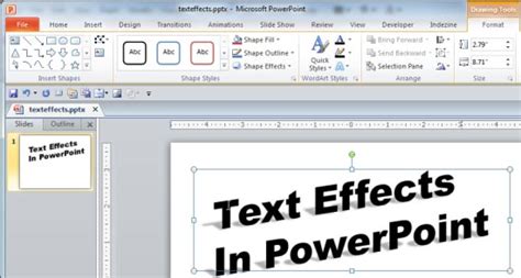 PowerPoint interface showing Text Effects and Transform options