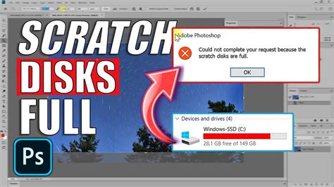 Photoshop interface showing scratch disk full error message