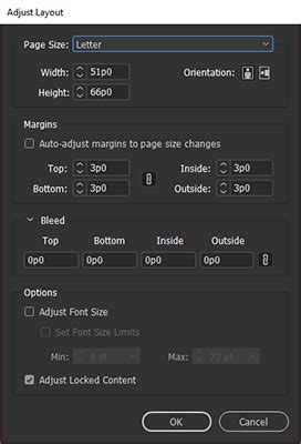 InDesign Margins and Columns dialog box with Adjust Layout option highlighted