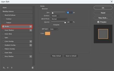 Screenshot of Photoshop's Layer Style window with the Stroke option highlighted