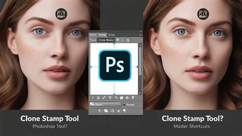 Screenshot of Photoshop showing the Clone Stamp tool in action, with a source area sampled and being painted over an object