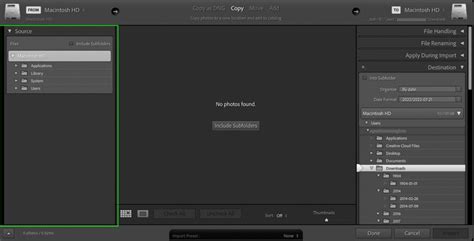 Lightroom Import Dialogue box showing source and destination options