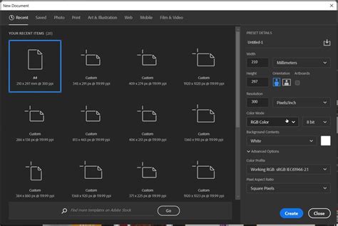 Photoshop's New Document dialog box with settings for a square document