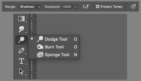 Photoshop toolbar showing destructive Dodge and Burn tools