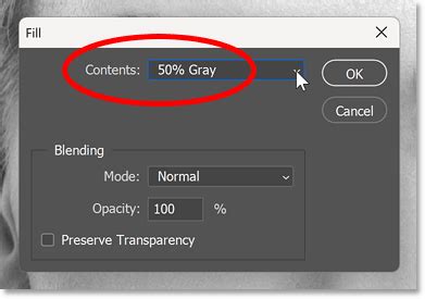 Photoshop Edit > Fill dialog box set to 50% Gray