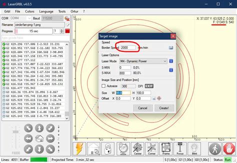 LaserGRBL interface showing job configuration