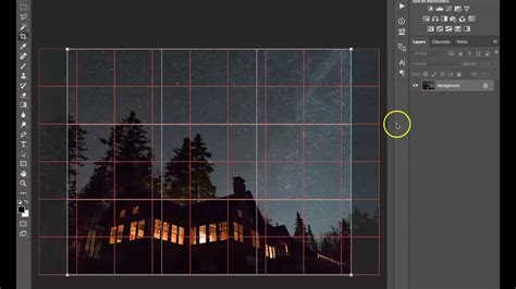 Photoshop interface with a grid overlay visible on a photograph