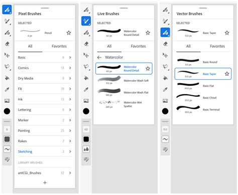 Adobe Fresco interface showing various brushes and tools