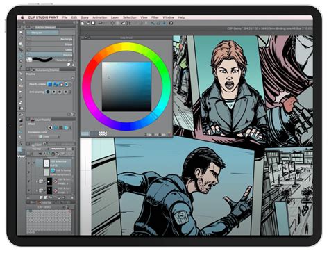 Clip Studio Paint Pro interface with 3D models and comic panel tools