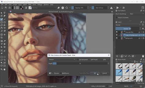 Krita interface with a colorful digital painting and brush options