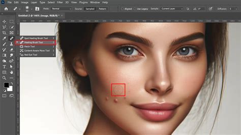 Photoshop interface with blemish removal tools highlighted