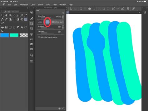 Clip Studio Paint software interface with Liquify tool highlighted