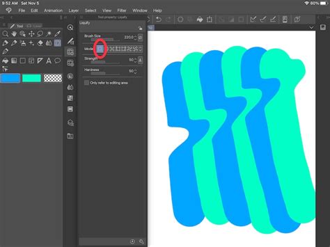 Illustration showing the Push mode of the Liquify tool distorting a simple shape