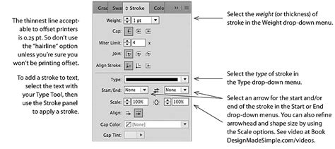 Screenshot of the InDesign Stroke panel with arrowhead options highlighted