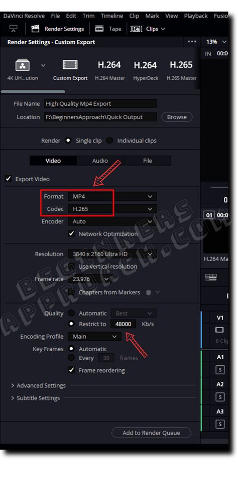 DaVinci Resolve Video Export Settings for MP4
