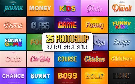 Illustrative graphic showcasing various 3D text styles achievable in Photoshop