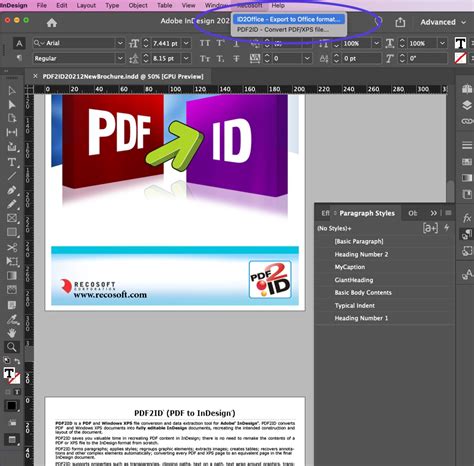 Screenshot of ID2Office plugin interface within InDesign