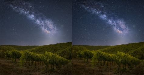 Before and after image showing a daytime sky transformed into a starry night sky in Photoshop