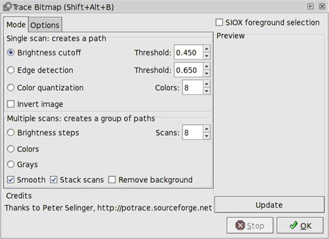 Inkscape's Trace Bitmap dialog with options