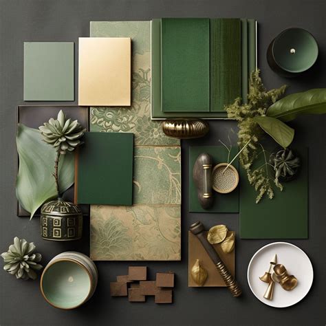 A mood board showcasing hunter green with natural textures and gold accents.
