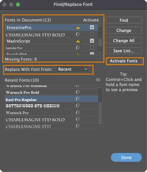 Screenshot of the Missing Fonts dialog box in Adobe InDesign