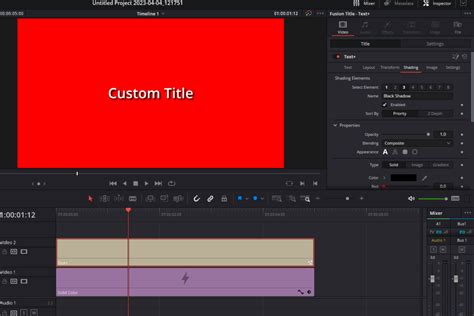 DaVinci Resolve Inspector panel showing text color, stroke, and drop shadow options