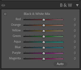 Lightroom B&W Mixer panel with sliders for Red, Orange, Yellow, Green, Aqua, Blue, Magenta, Purple