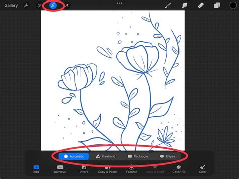 Procreate interface showing the Selection tool with Freehand mode active