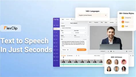 Collage of FlexClip AI tool icons: script generator, text-to-speech, subtitles