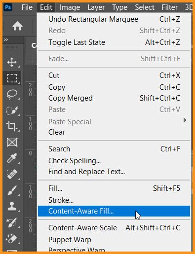 Photoshop Edit Menu with Fill Option Highlighted