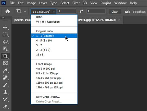 Photoshop Crop Tool with Square aspect ratio selected