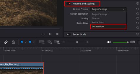 DaVinci Resolve Color panel with Retime and Optical Flow settings