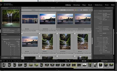 Screenshot of Lightroom's Library module showing a photo catalog with keywords and ratings