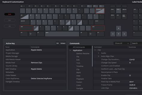 DaVinci Resolve Keyboard Customization window