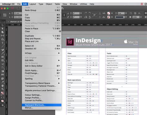 InDesign menu with shortcuts displayed