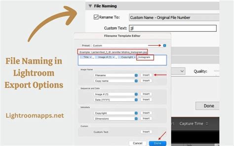 Lightroom export dialog box with file naming options highlighted